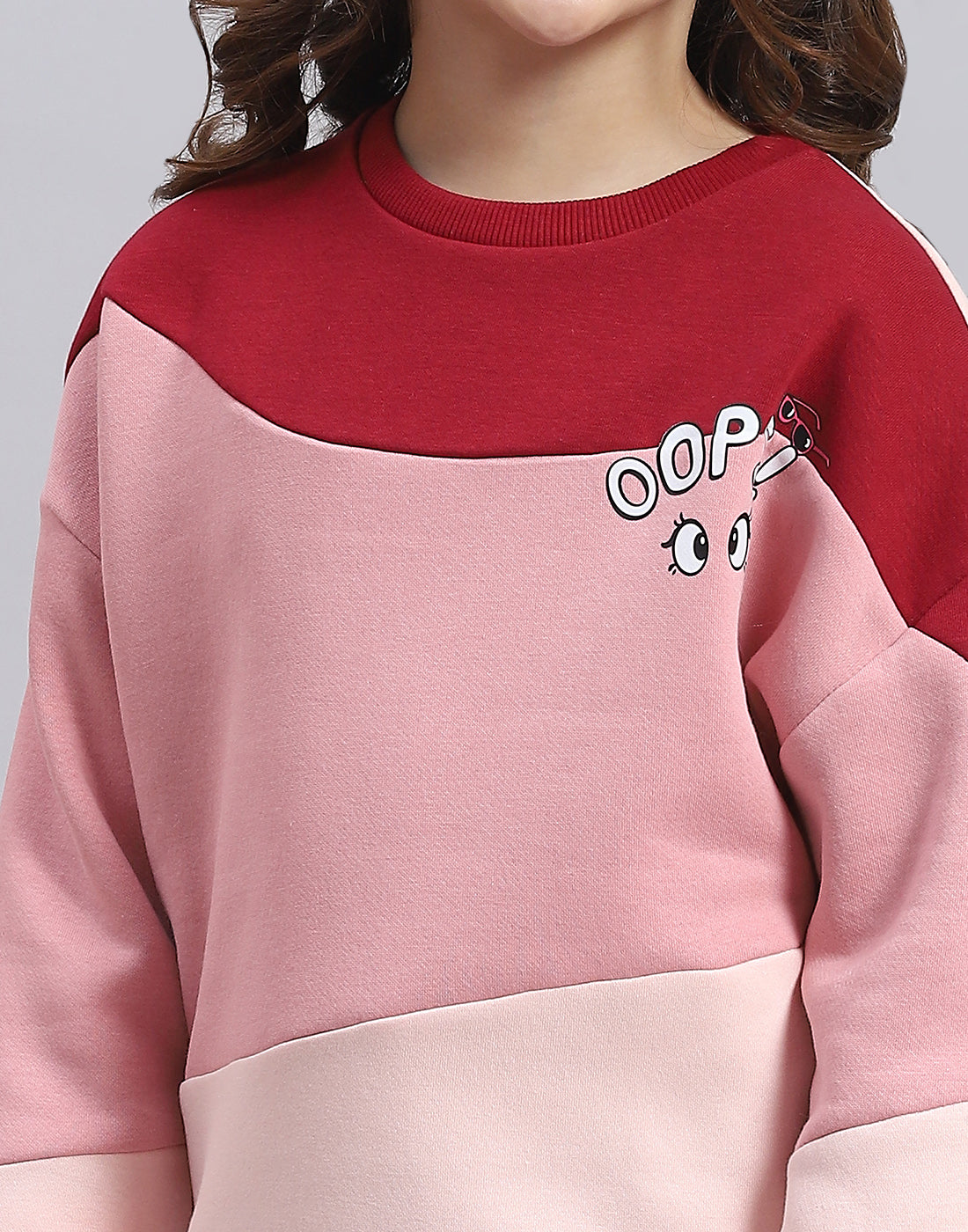 Girls Pink Printed Round Neck Full Sleeve Sweatshirt