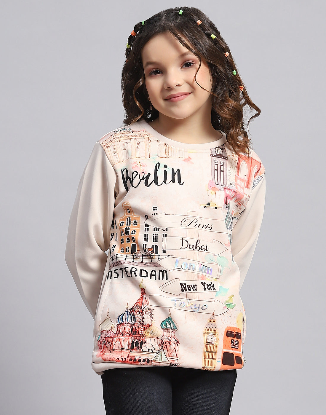Girls Beige Printed Round Neck Full Sleeve Sweatshirt