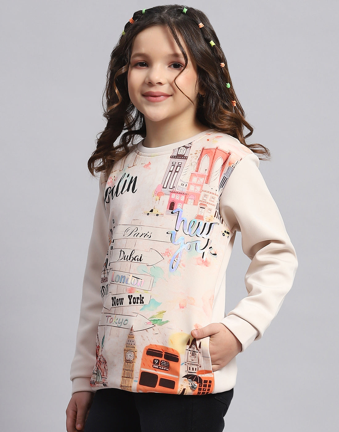 Girls Beige Printed Round Neck Full Sleeve Sweatshirt