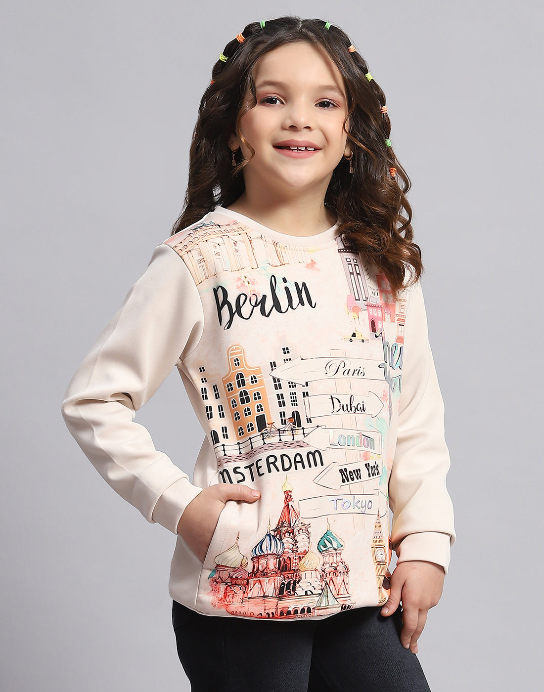 Girls Beige Printed Round Neck Full Sleeve Sweatshirt