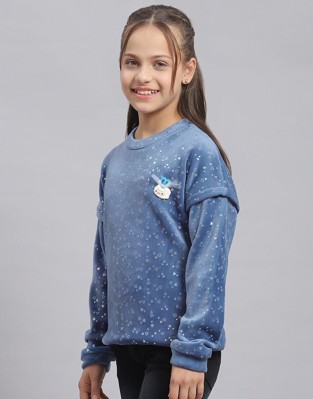 Girls Teal Blue Printed Round Neck Full Sleeve Sweatshirt