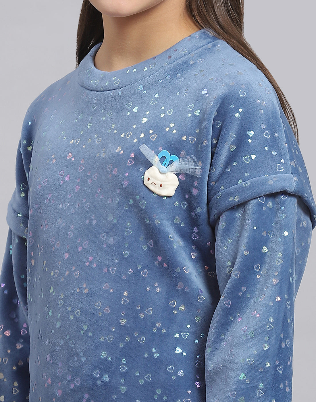 Girls Teal Blue Printed Round Neck Full Sleeve Sweatshirt