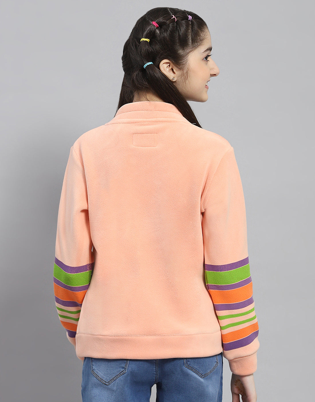 Girls Peach Printed Round Neck Full Sleeve Sweatshirt