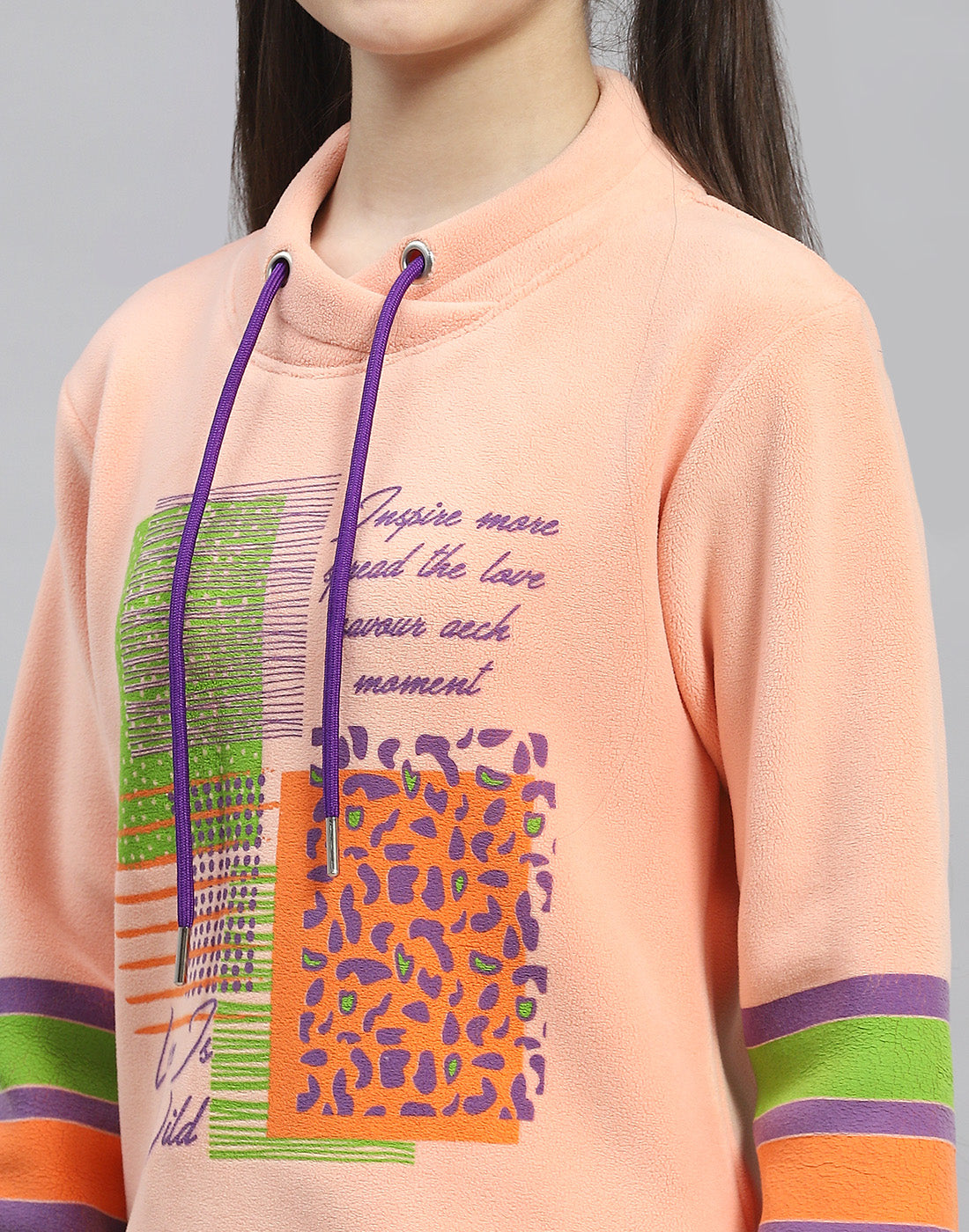 Girls Peach Printed Round Neck Full Sleeve Sweatshirt