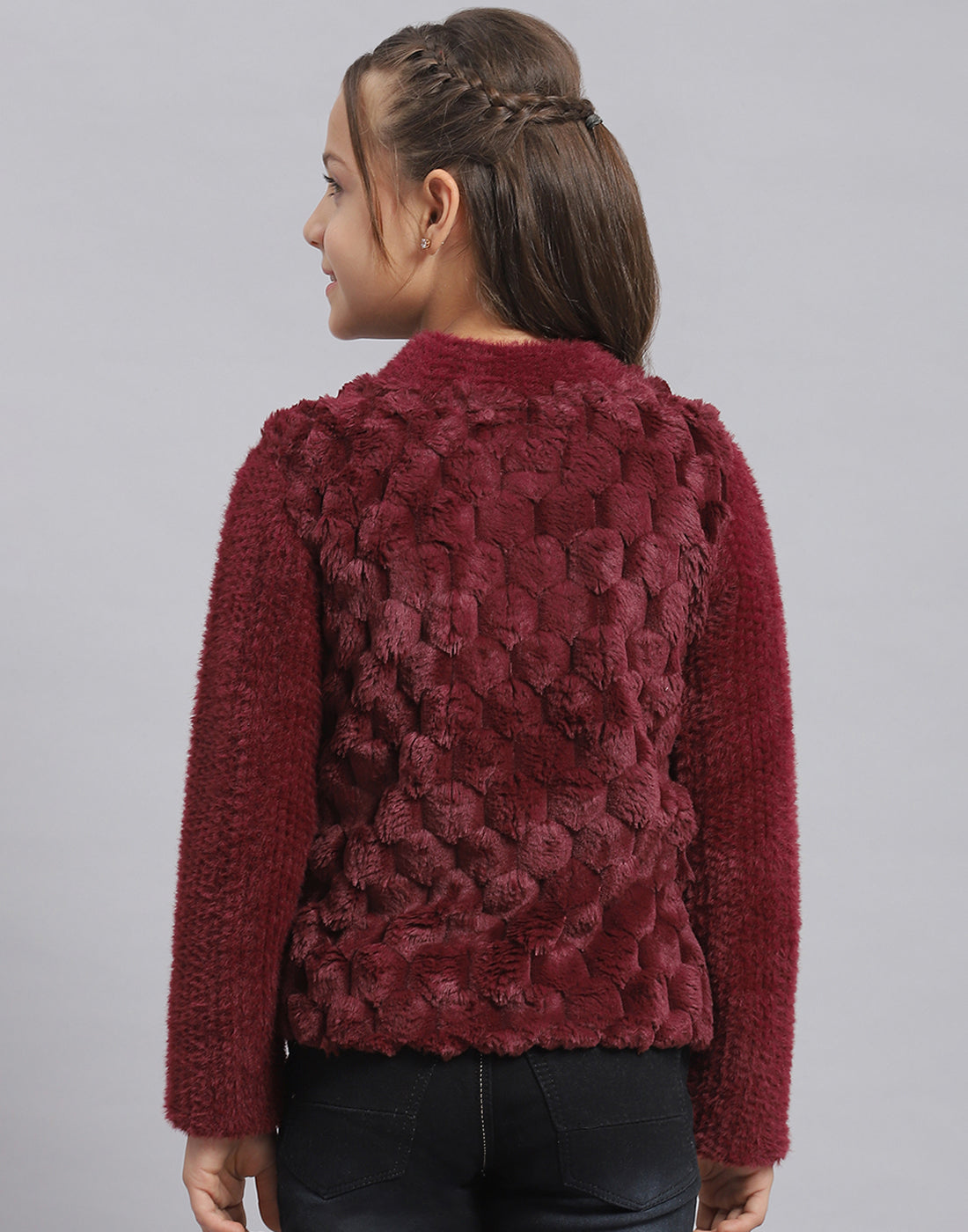 Girls Maroon Self Design Round Neck Full Sleeve Sweatshirt