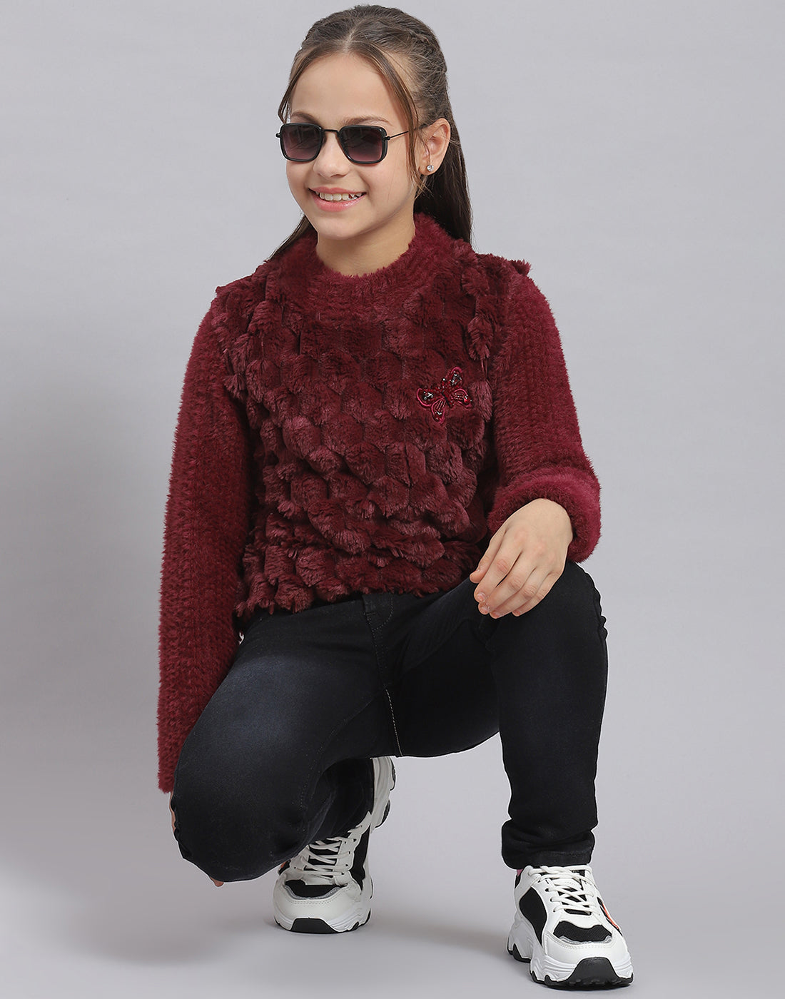 Girls Maroon Self Design Round Neck Full Sleeve Sweatshirt