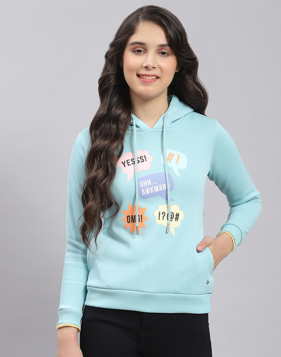 Girls Turquoise Blue Printed Hooded Full Sleeve Sweatshirt