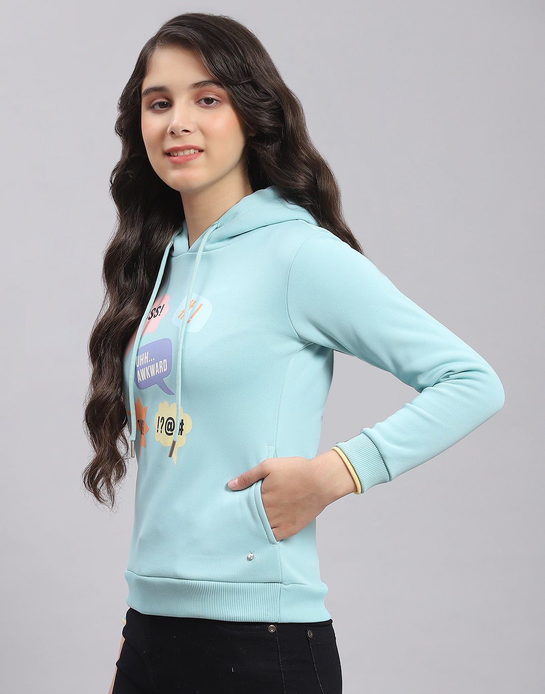 Girls Turquoise Blue Printed Hooded Full Sleeve Sweatshirt
