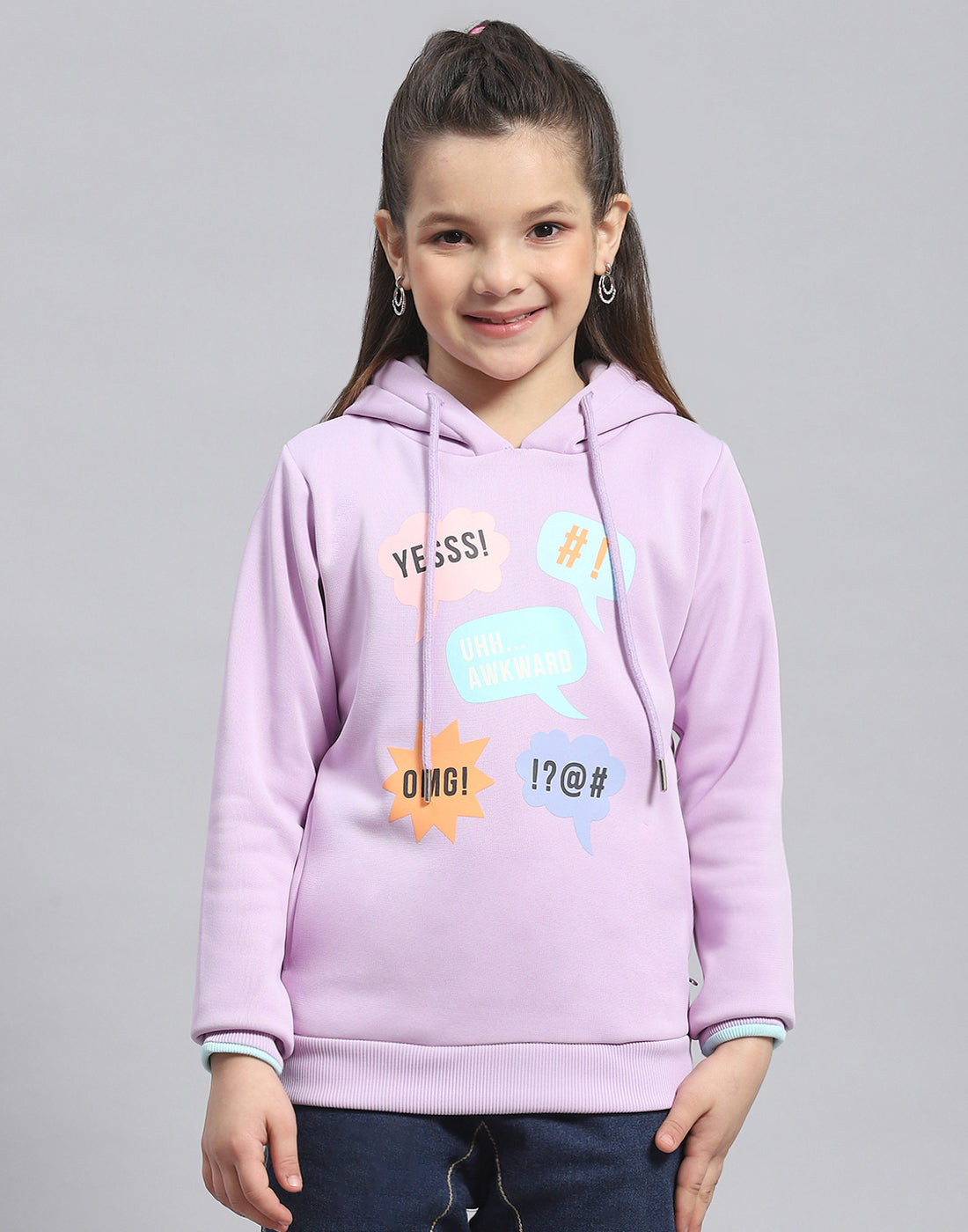 Girls Purple Printed Hooded Full Sleeve Sweatshirt