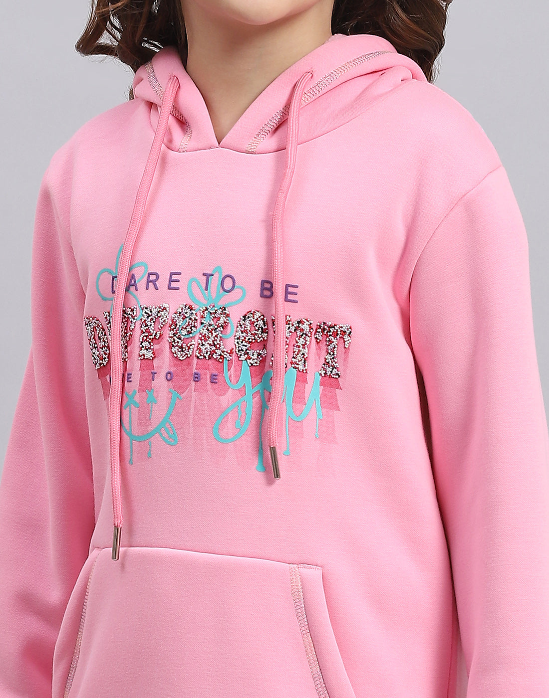 Girls Pink Printed Hooded Full Sleeve Sweatshirt
