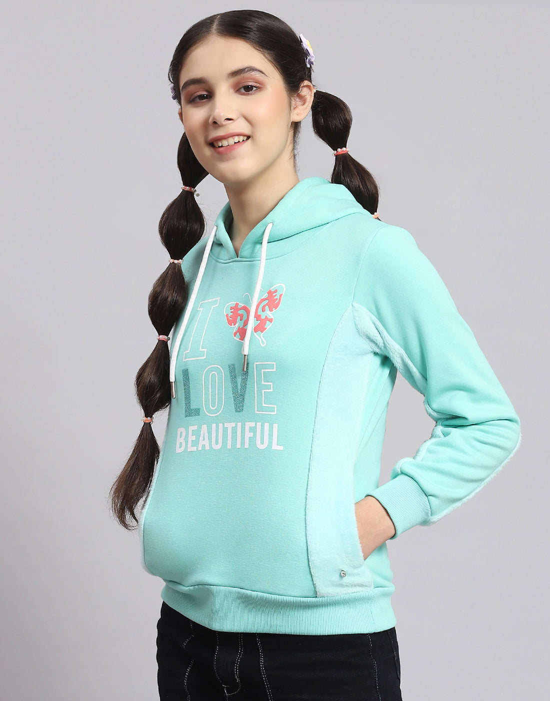 Girls Turquoise Blue Printed Hooded Full Sleeve Sweatshirt