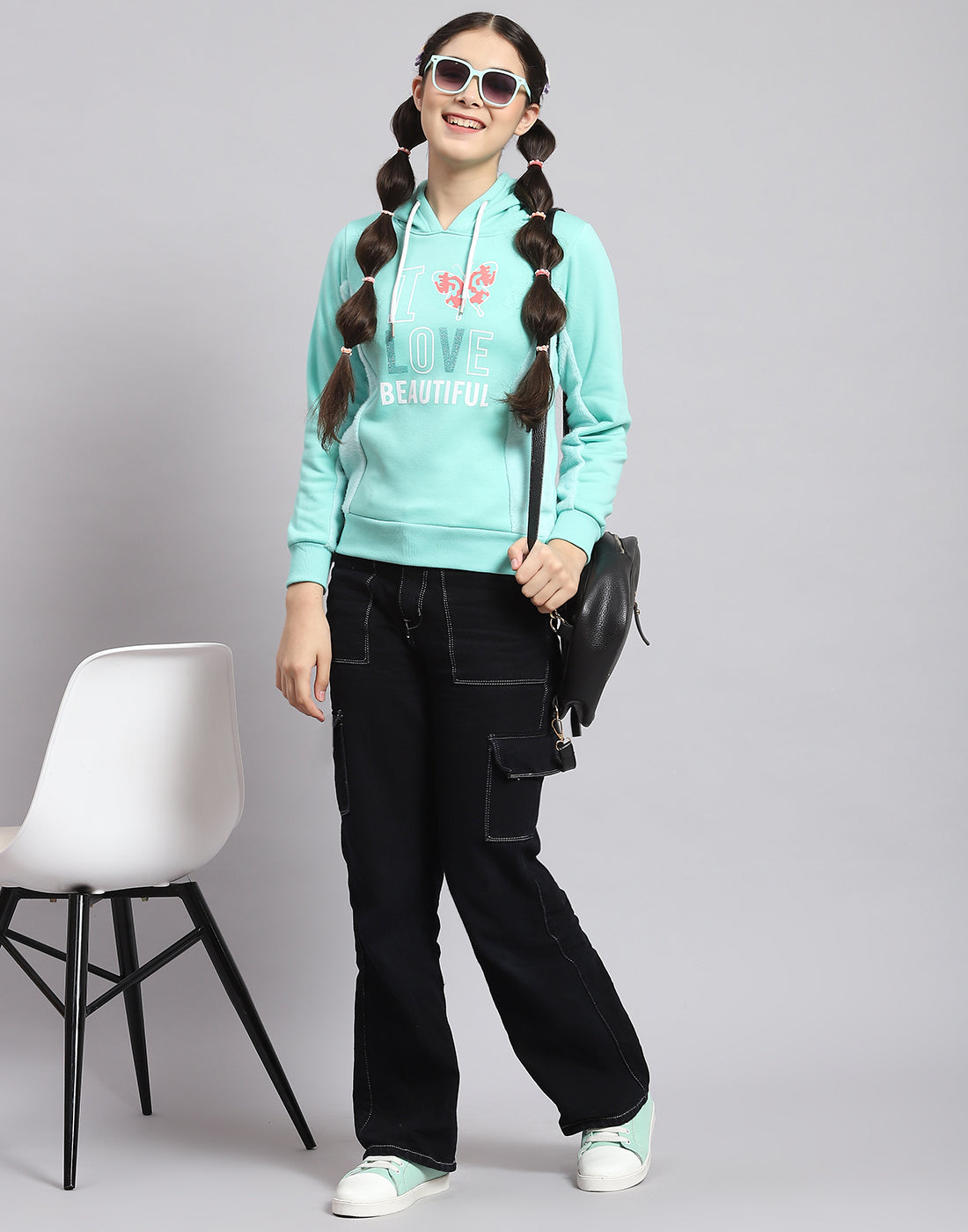 Girls Turquoise Blue Printed Hooded Full Sleeve Sweatshirt