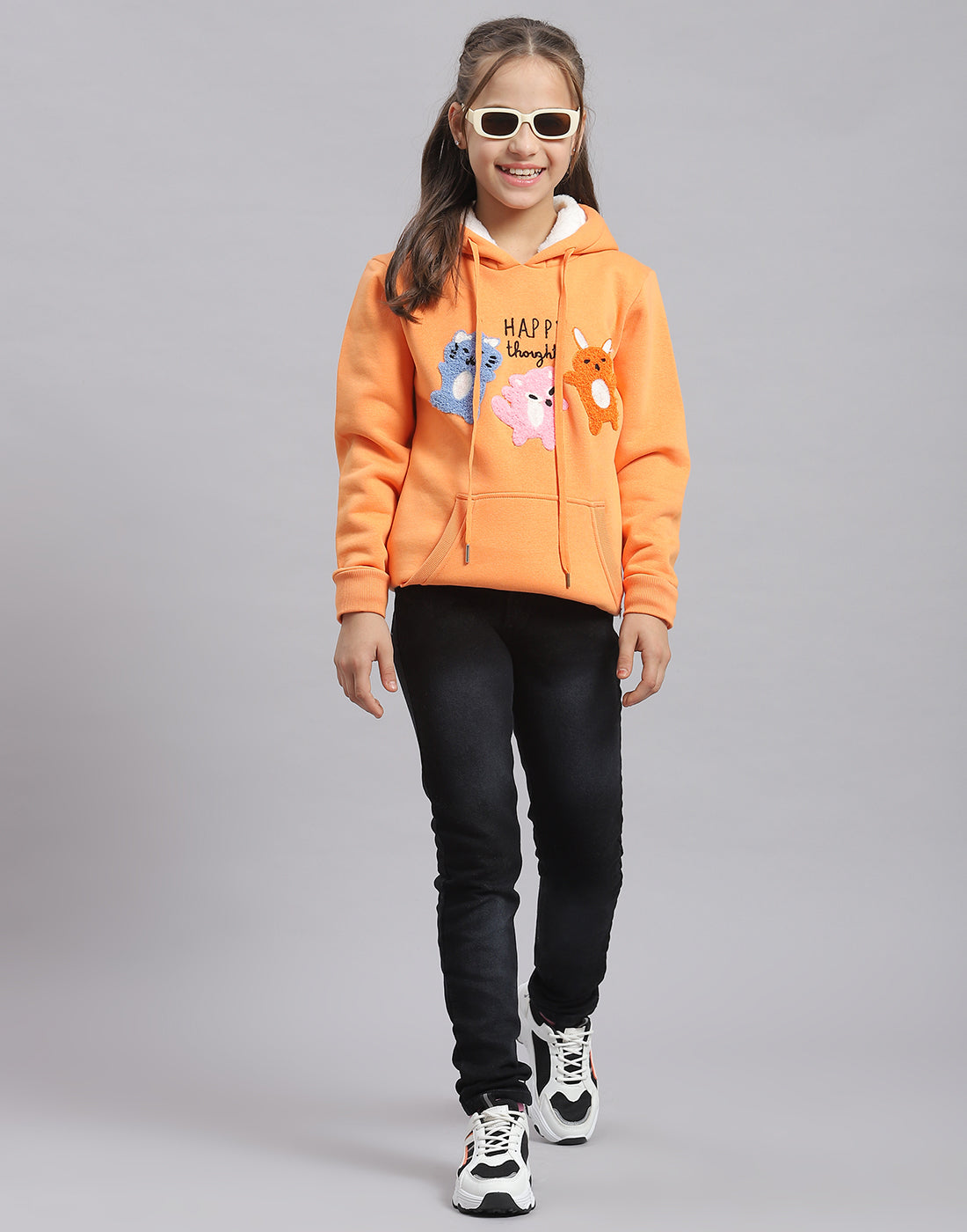 Girls Orange Embroidered Hooded Full Sleeve Sweatshirt