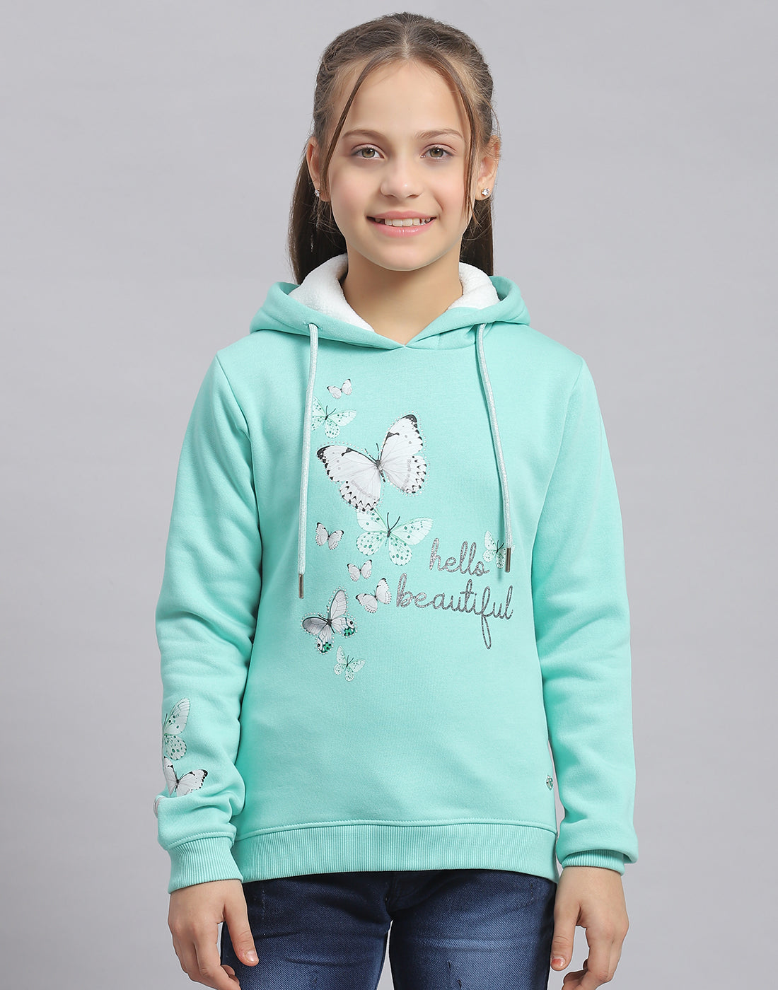 Girls Turquoise Blue Printed Hooded Full Sleeve Sweatshirt