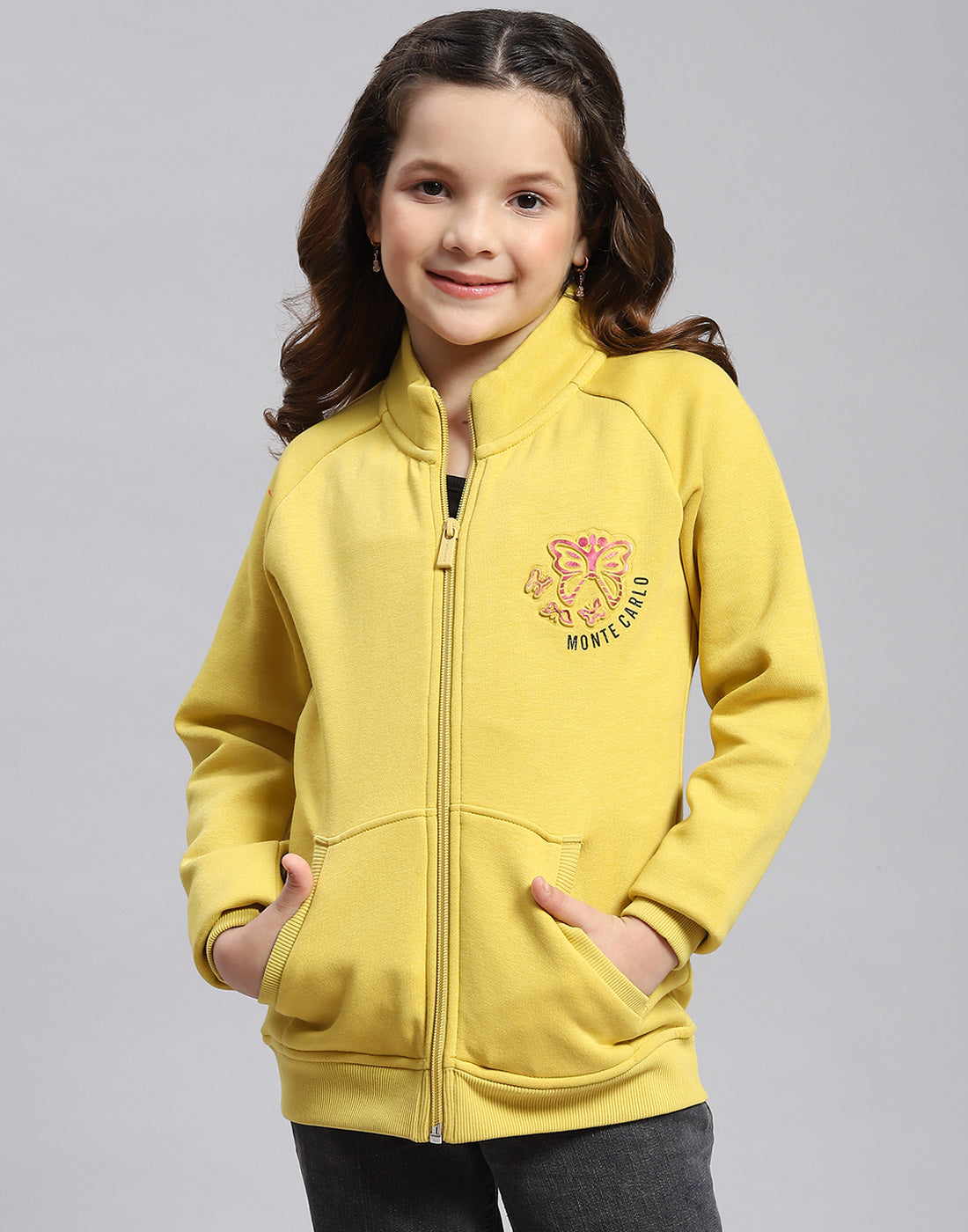 Girls Yellow Printed Stand Collar Full Sleeve Sweatshirt