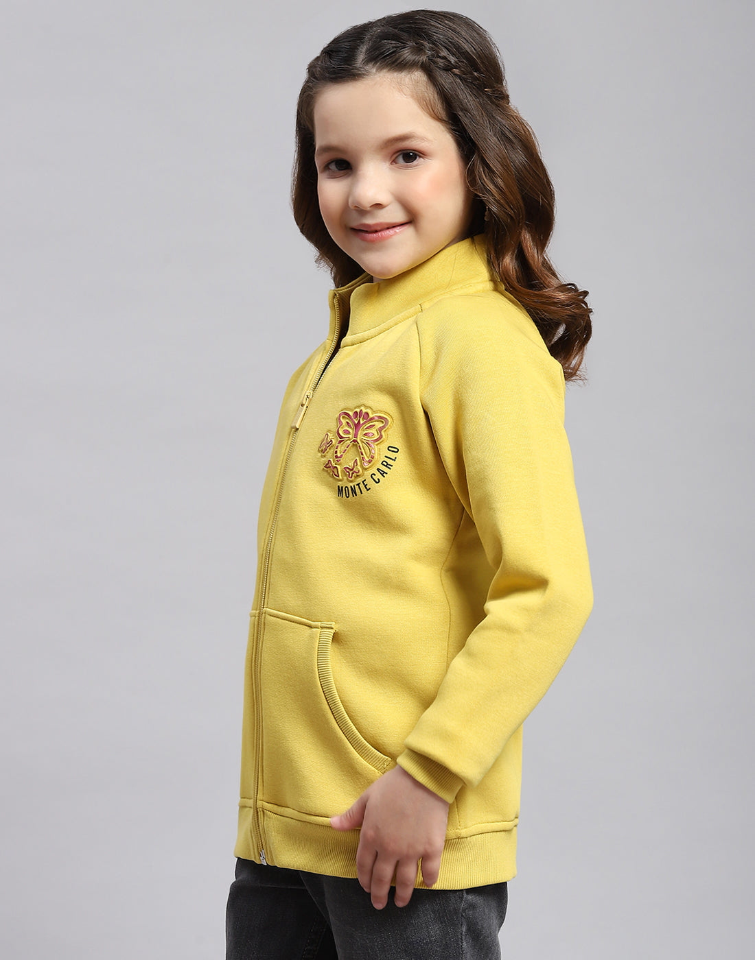 Girls Yellow Printed Stand Collar Full Sleeve Sweatshirt