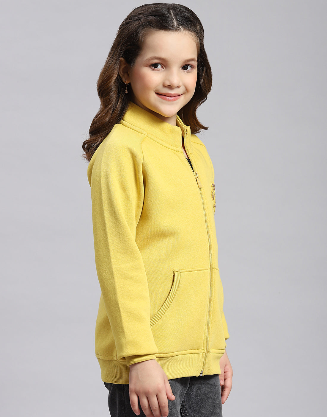 Girls Yellow Printed Stand Collar Full Sleeve Sweatshirt