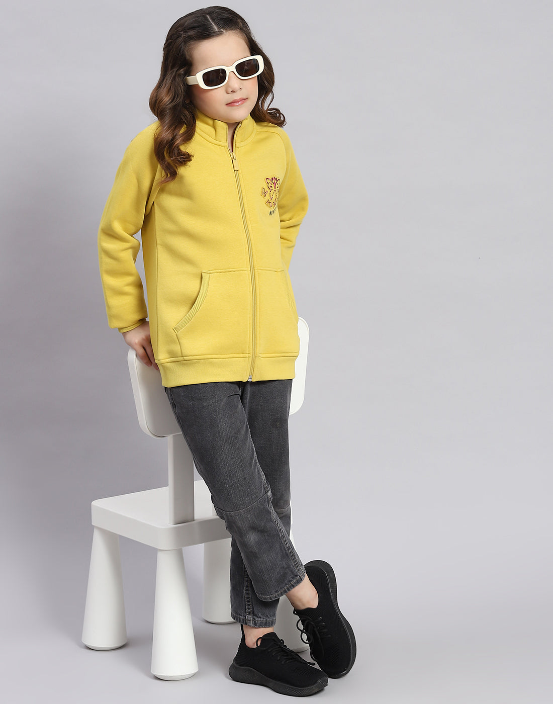 Girls Yellow Printed Stand Collar Full Sleeve Sweatshirt