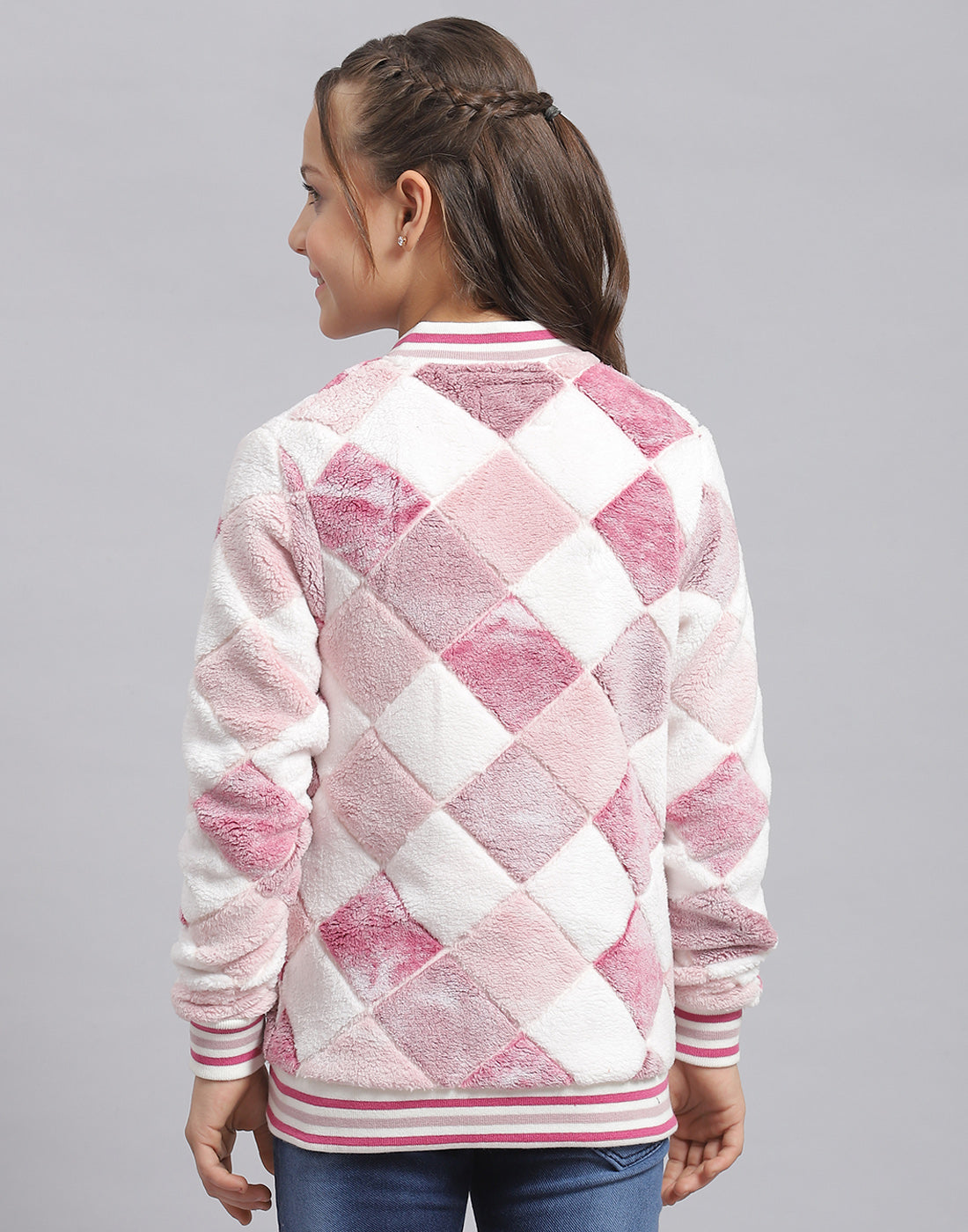 Girls Purple Printed Mandarin Collar Full Sleeve Sweatshirt