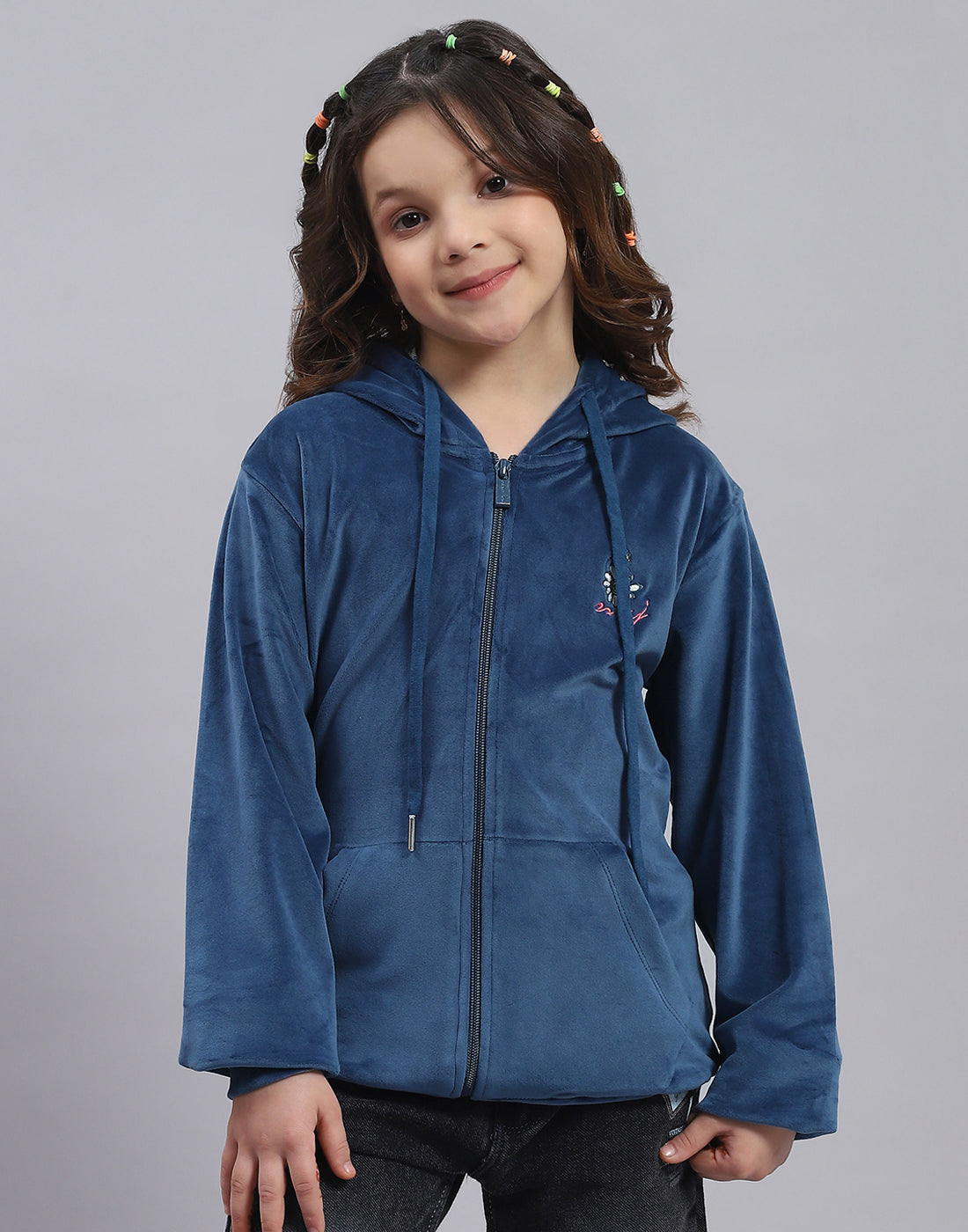 Girls Blue Solid Hooded Full Sleeve Sweatshirt