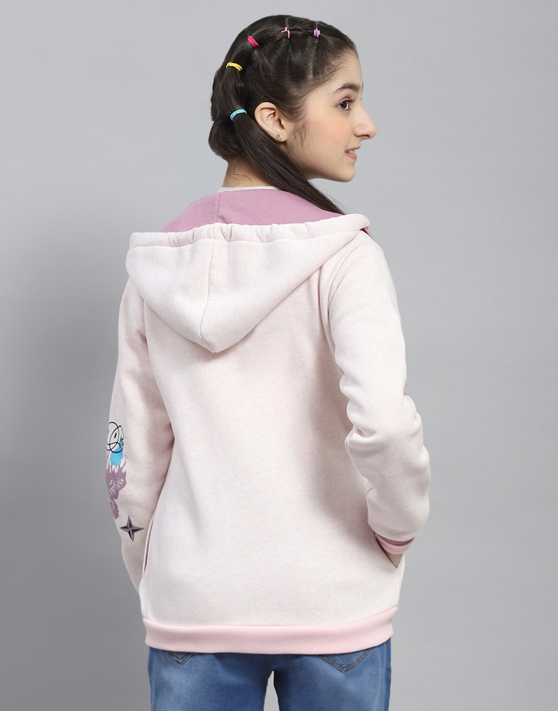 Girls Pink Printed Hooded Full Sleeve Sweatshirt