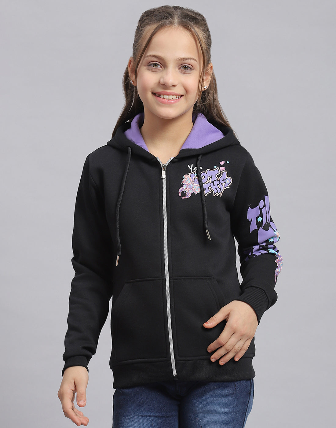 Girls Black Printed Hooded Full Sleeve Sweatshirt