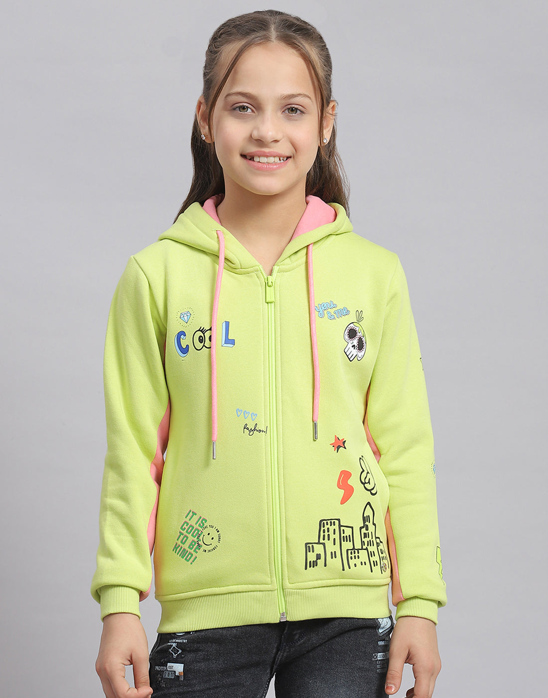 Girls Green Printed Hooded Full Sleeve Sweatshirt