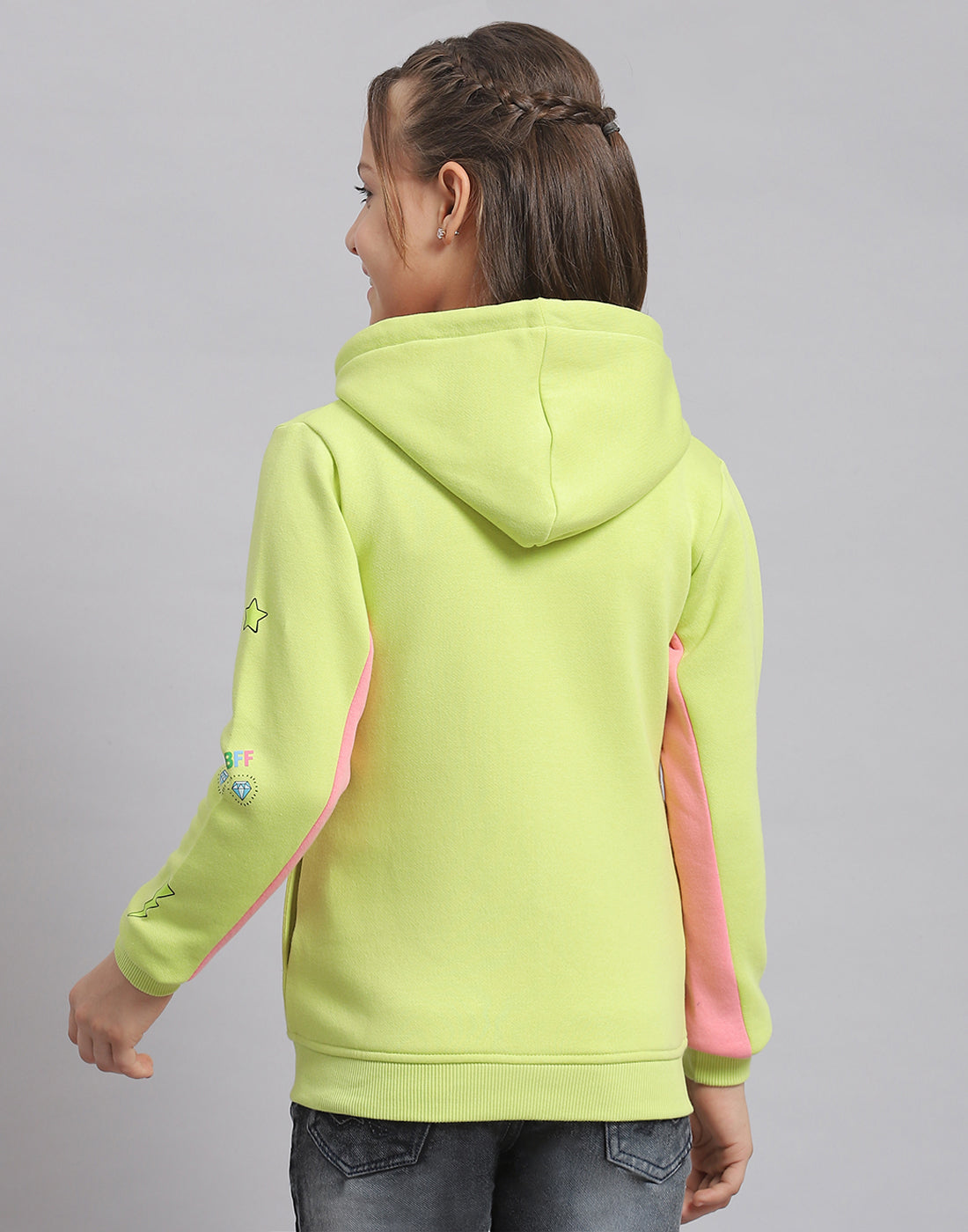 Girls Green Printed Hooded Full Sleeve Sweatshirt