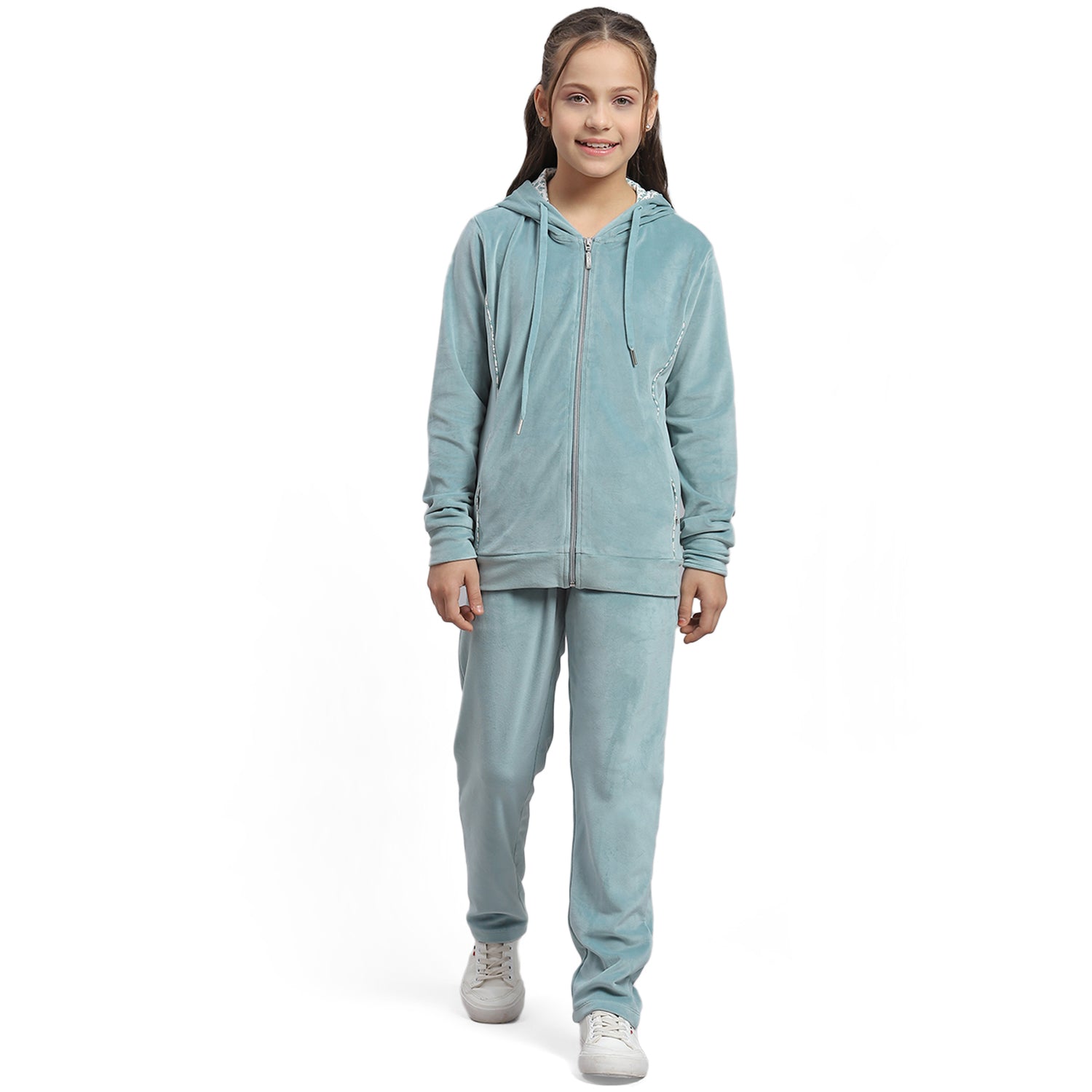 Girls Teal Blue Solid Hooded Full Sleeve Tracksuit