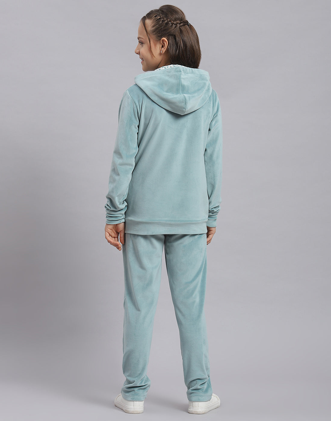 Girls Teal Blue Solid Hooded Full Sleeve Tracksuit