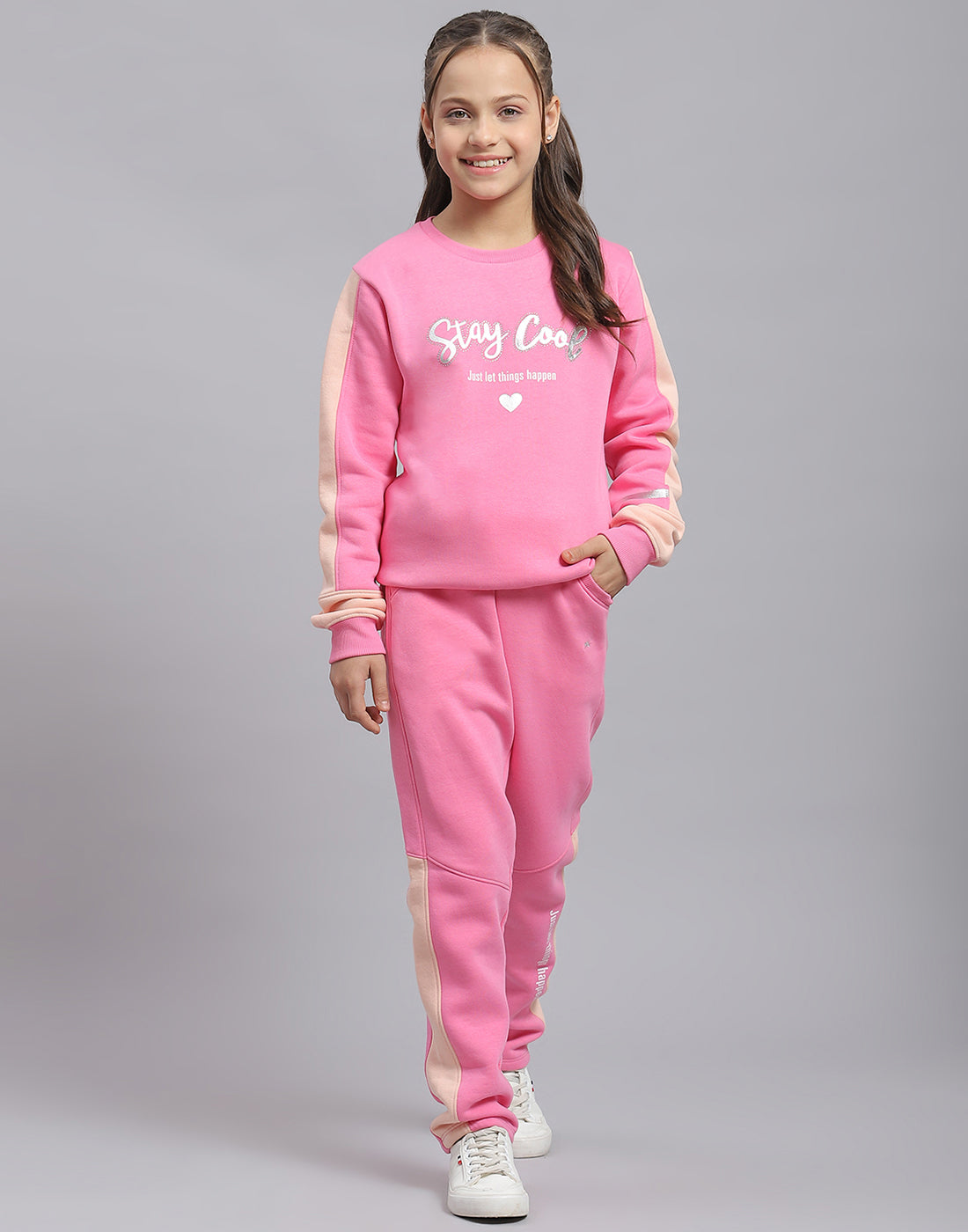 Girls Pink Printed Round Neck Full Sleeve Tracksuit