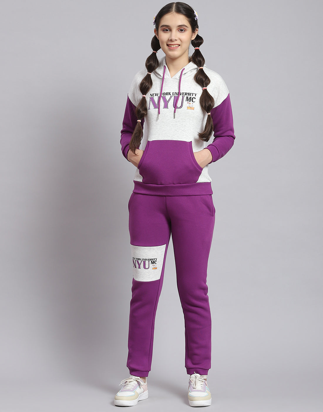 Girls Purple Printed Hooded Full Sleeve Tracksuit