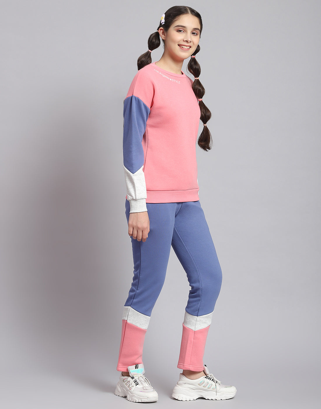 Girls Peach Printed Round Neck Full Sleeve Tracksuit