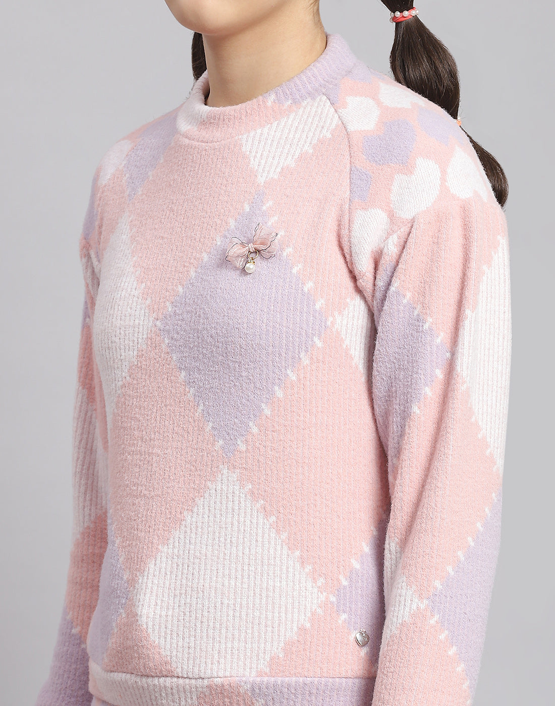 Girls Peach Self Design T Neck Full Sleeve Cords Set