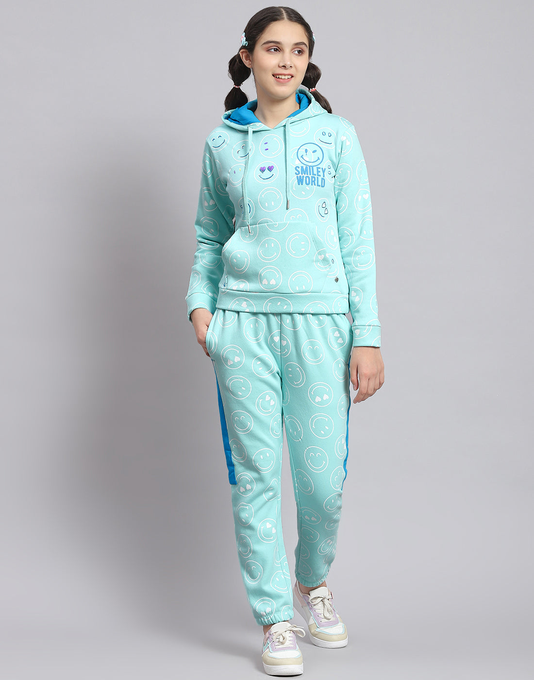Girls Turquoise Blue Printed Hooded Full Sleeve Cords Set