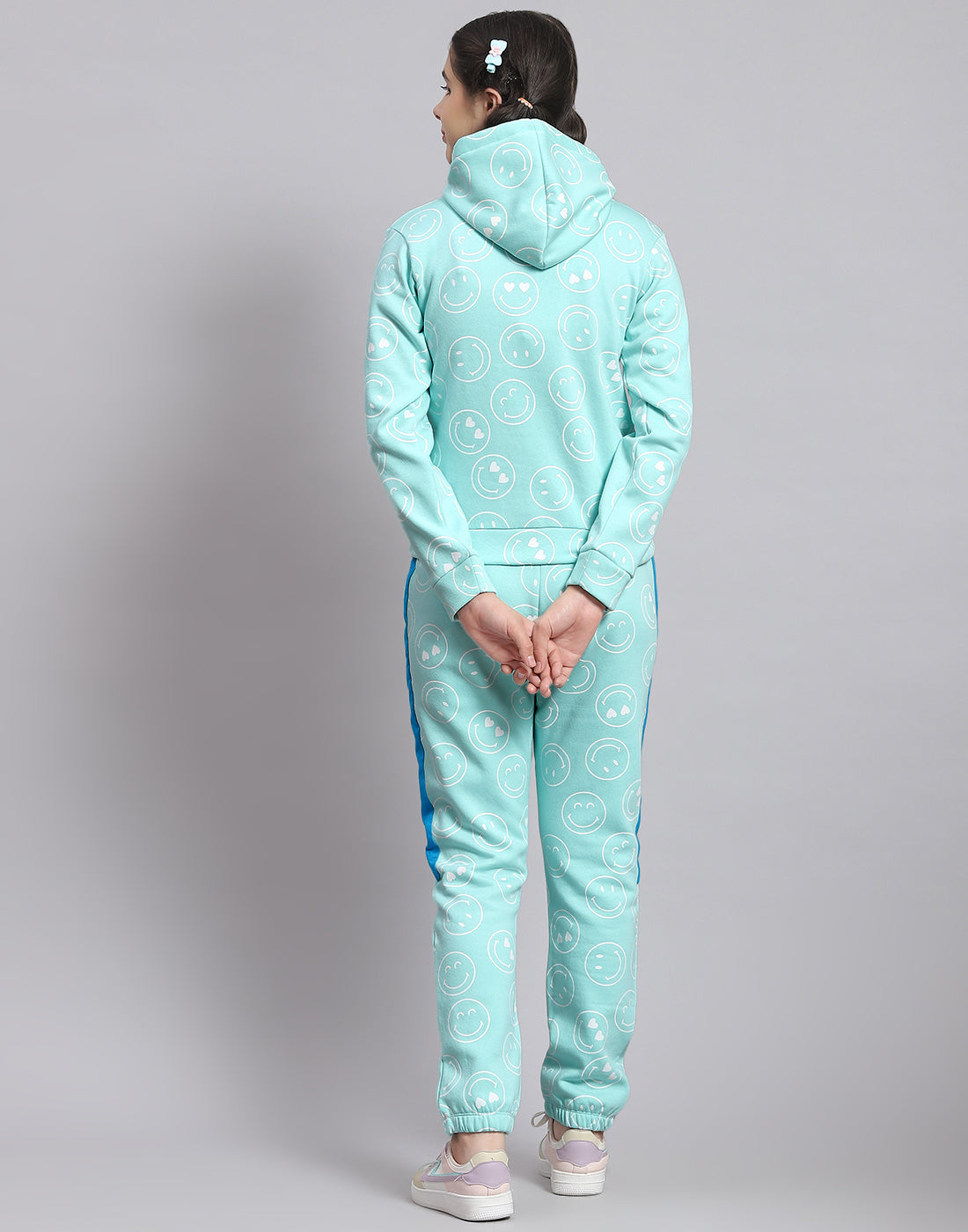 Girls Turquoise Blue Printed Hooded Full Sleeve Cords Set
