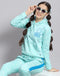Girls Turquoise Blue Printed Hooded Full Sleeve Cords Set