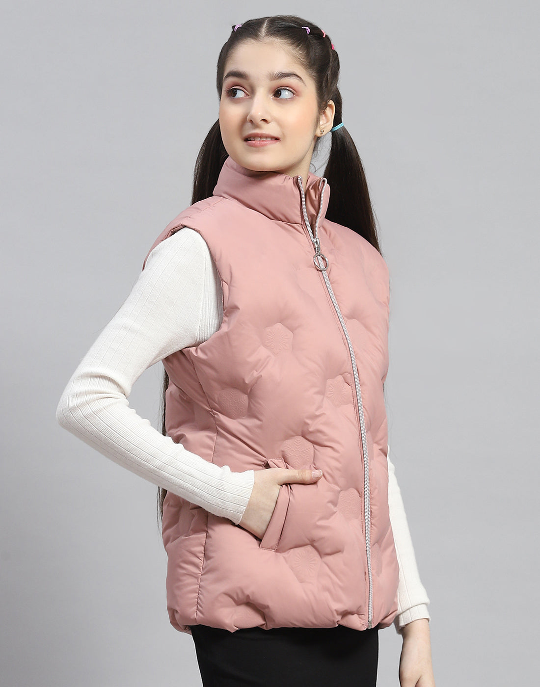 Girls Peach Solid Stand Collar Sleeveless Girls Jacket