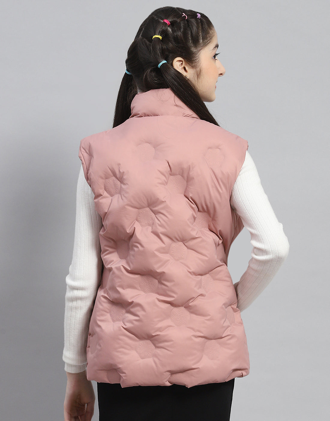 Girls Peach Solid Stand Collar Sleeveless Girls Jacket