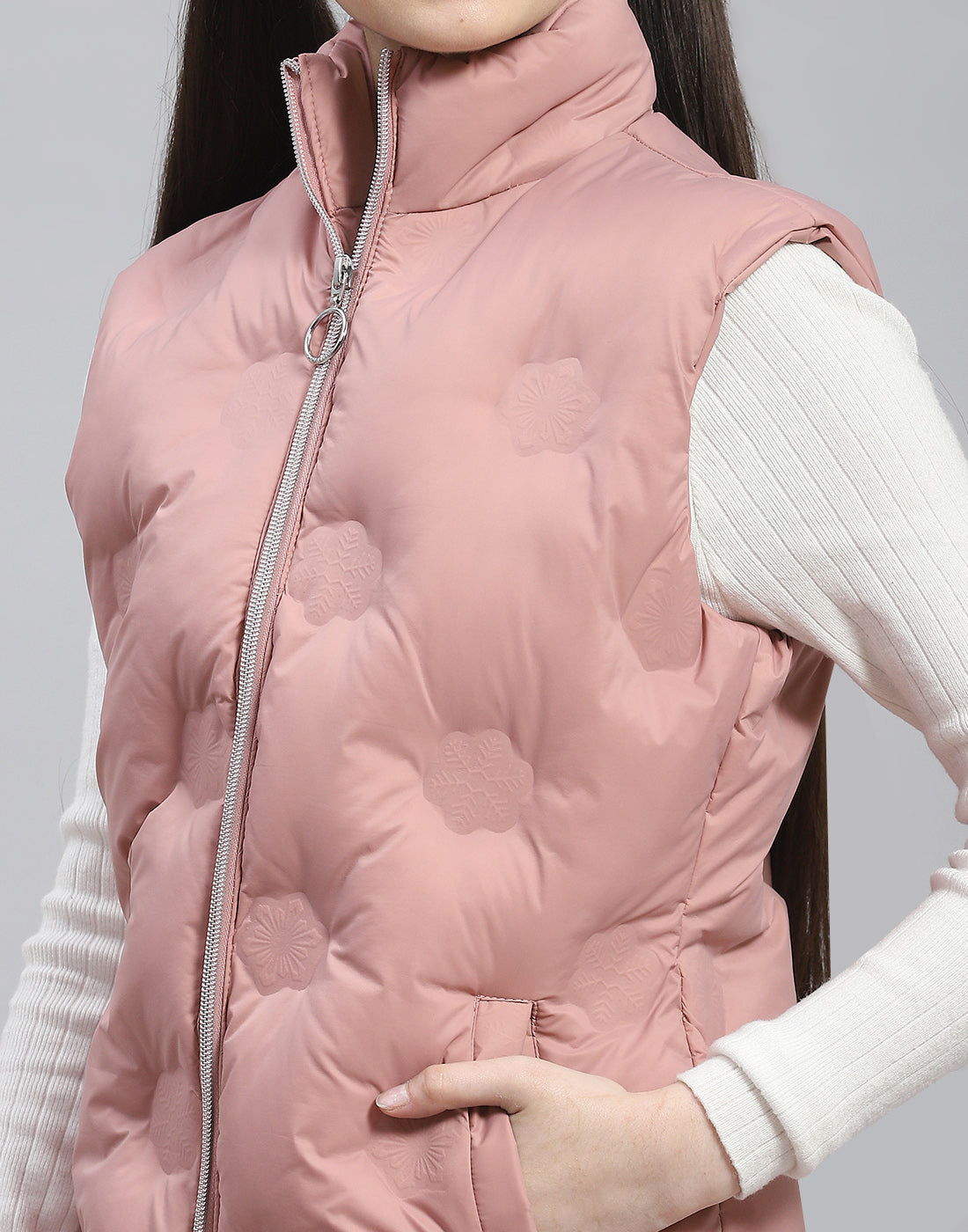 Girls Peach Solid Stand Collar Sleeveless Girls Jacket