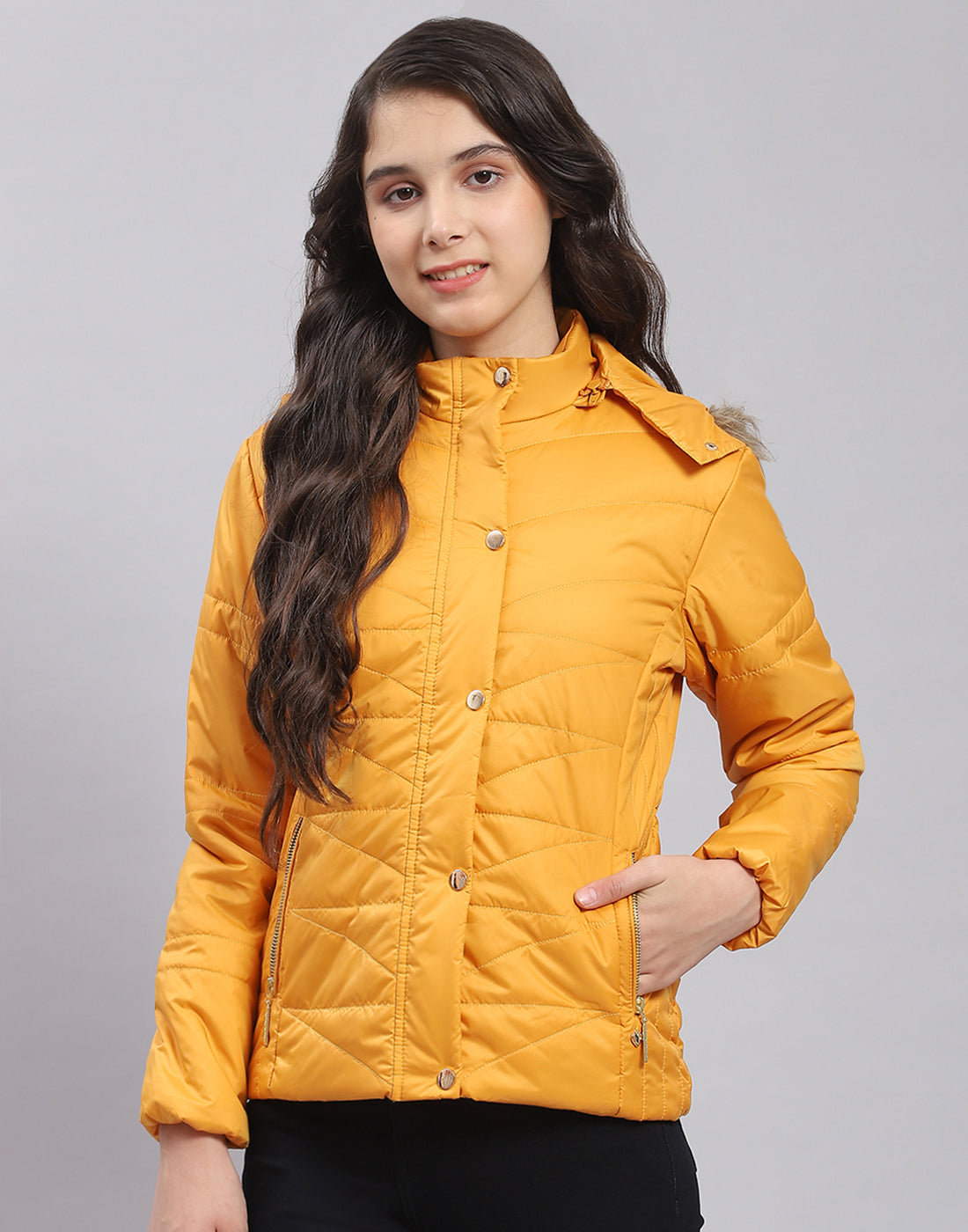 Girls Mustard Solid Hooded Full Sleeve Girls Jacket