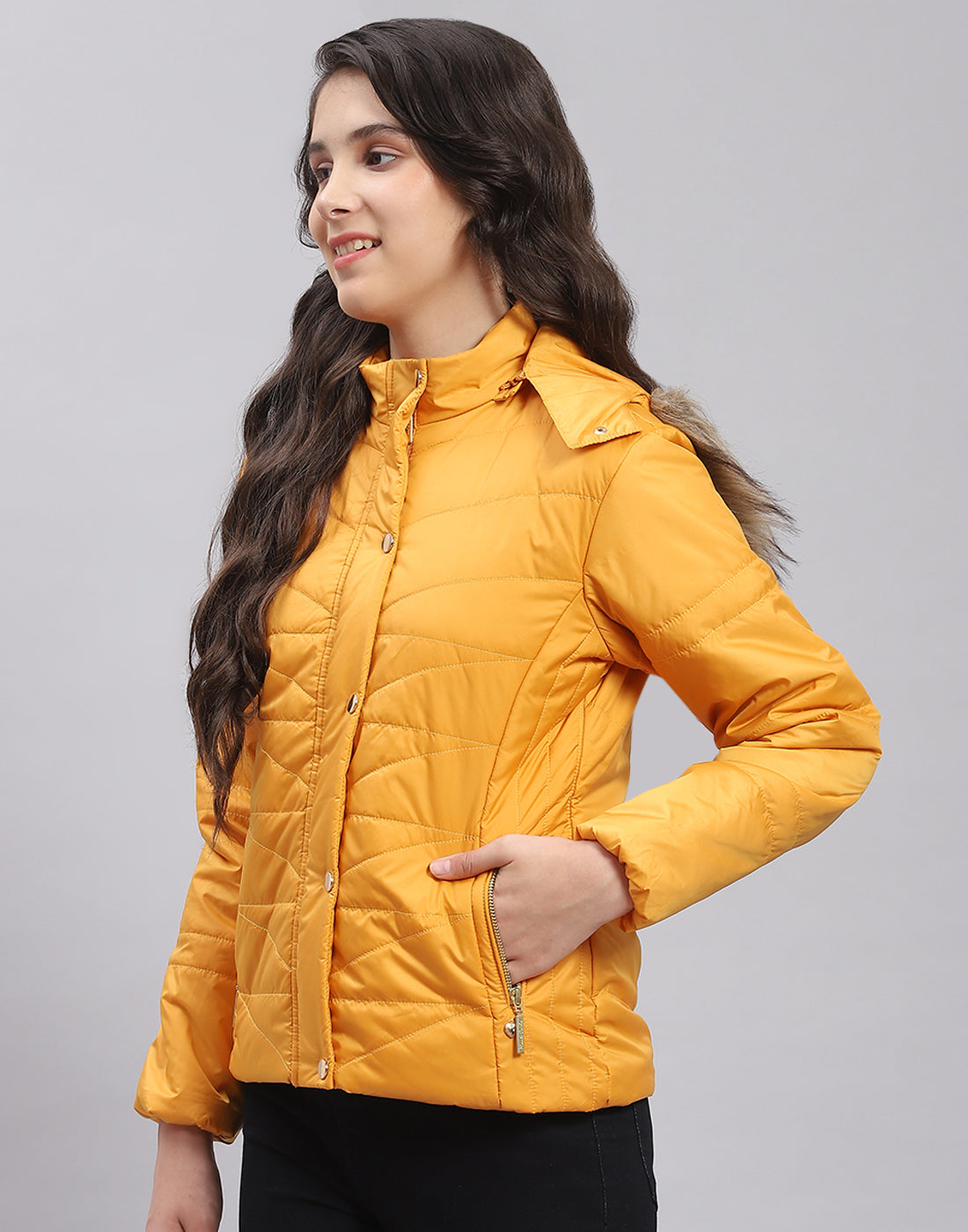 Girls Mustard Solid Hooded Full Sleeve Girls Jacket