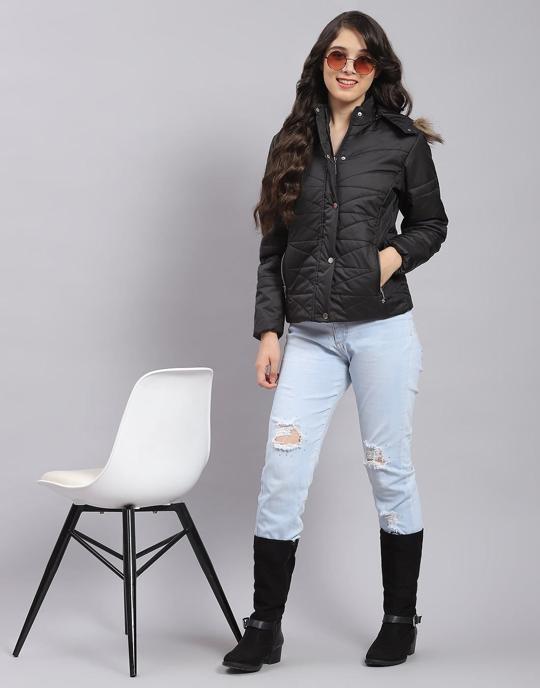 Girls Black Solid Hooded Full Sleeve Girls Jacket