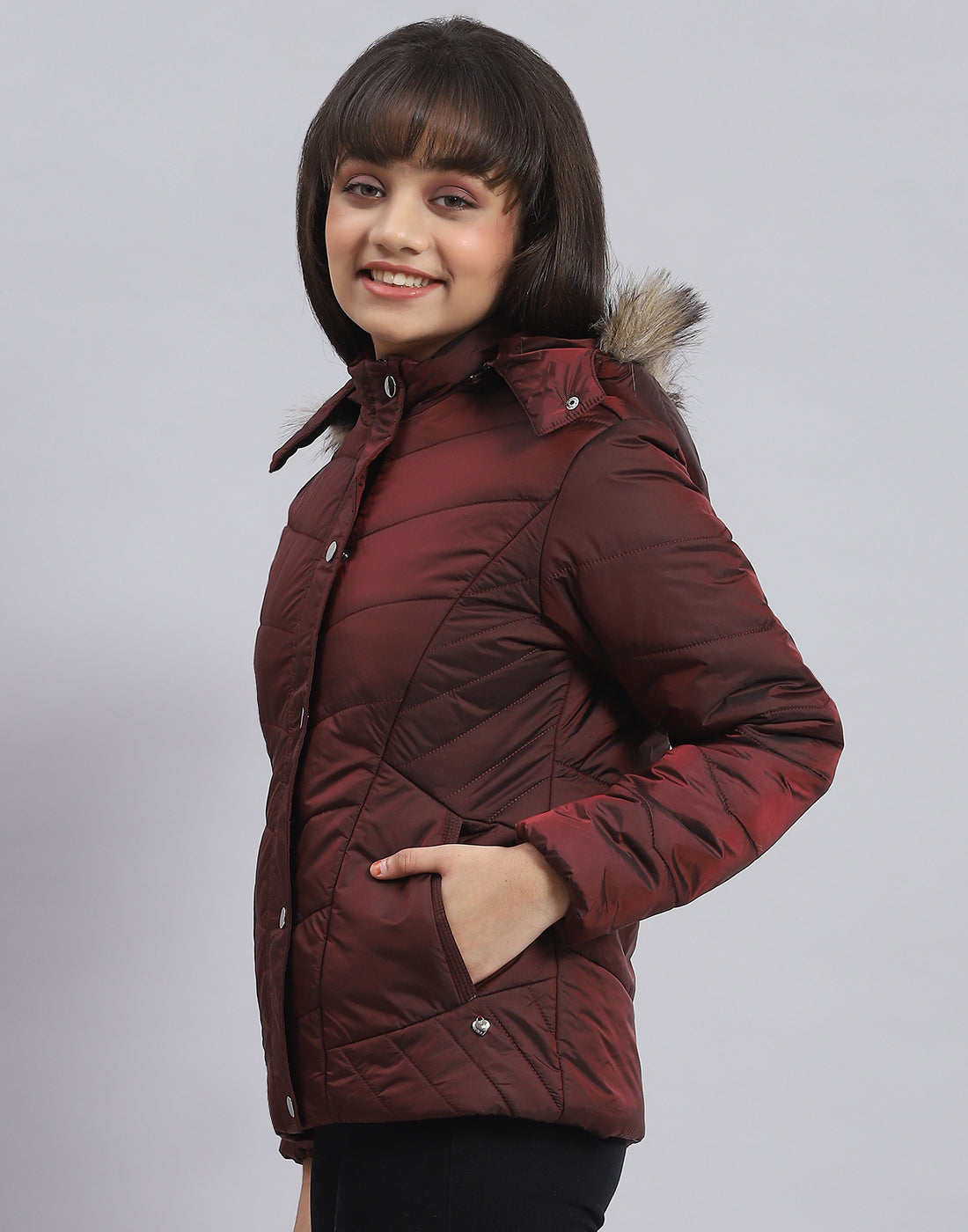 Girls Maroon Solid Hooded Full Sleeve Girls Jacket