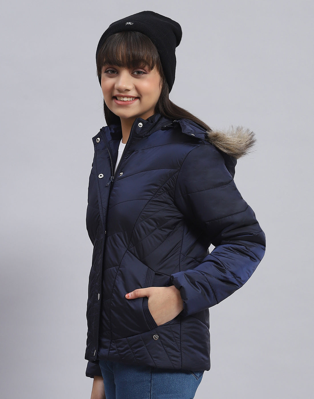 Girls Navy Blue Solid Hooded Full Sleeve Girls Jacket