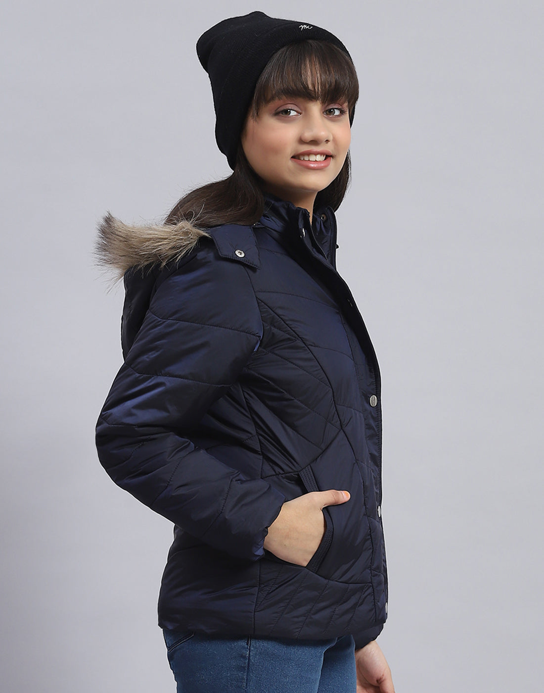 Girls Navy Blue Solid Hooded Full Sleeve Girls Jacket