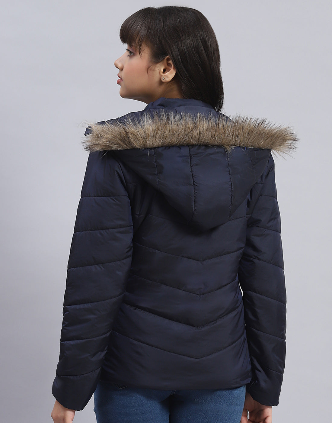 Girls Navy Blue Solid Hooded Full Sleeve Girls Jacket