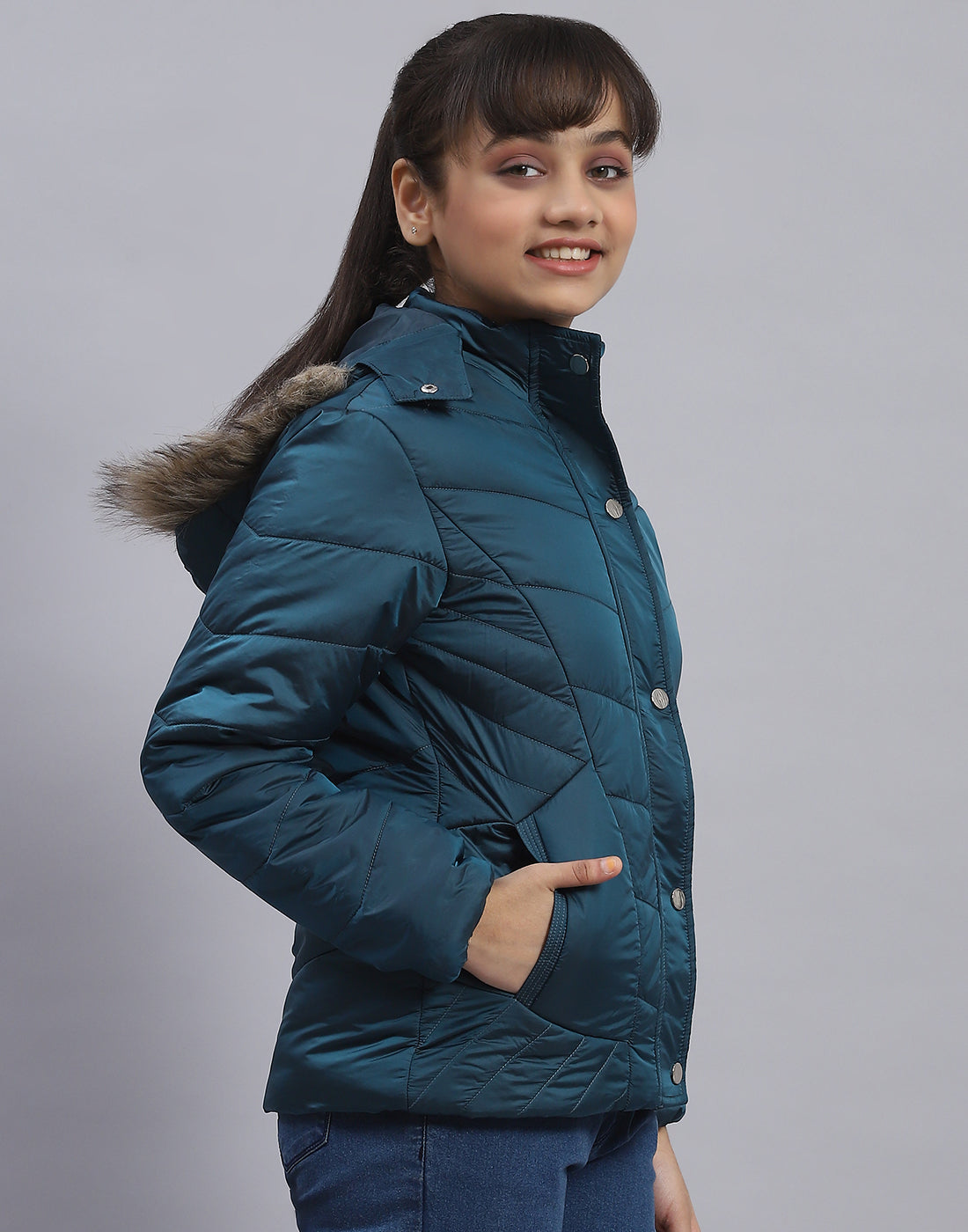 Girls Teal Blue Solid Hooded Full Sleeve Girls Jacket