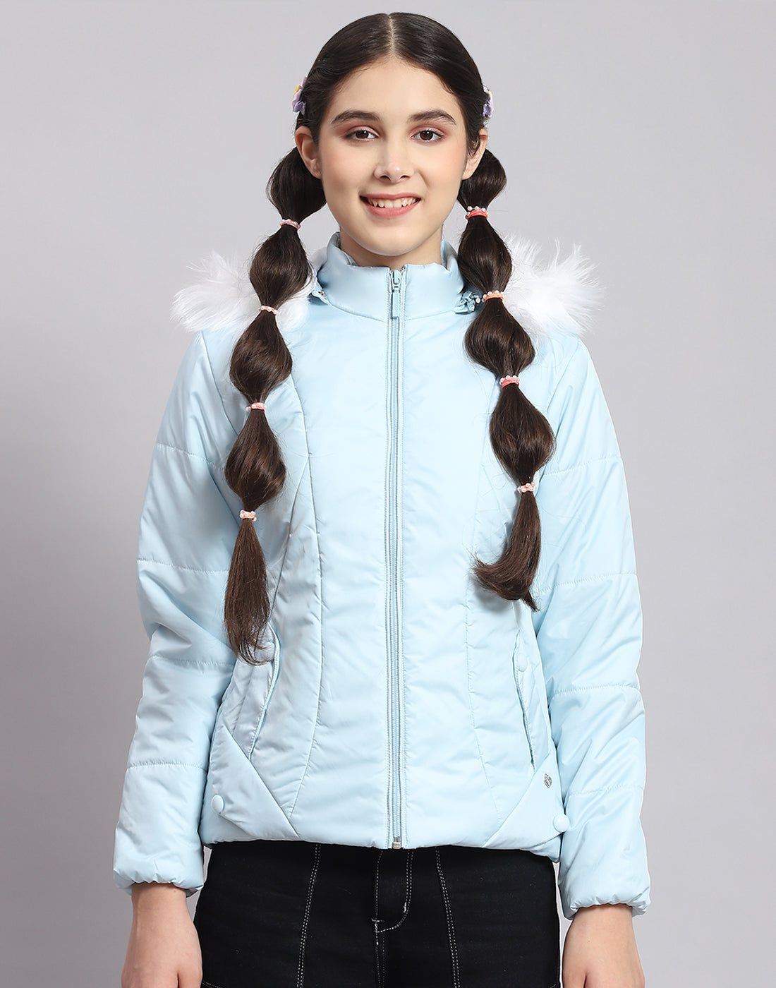 Girls Blue Solid Hooded Full Sleeve Girls Jacket