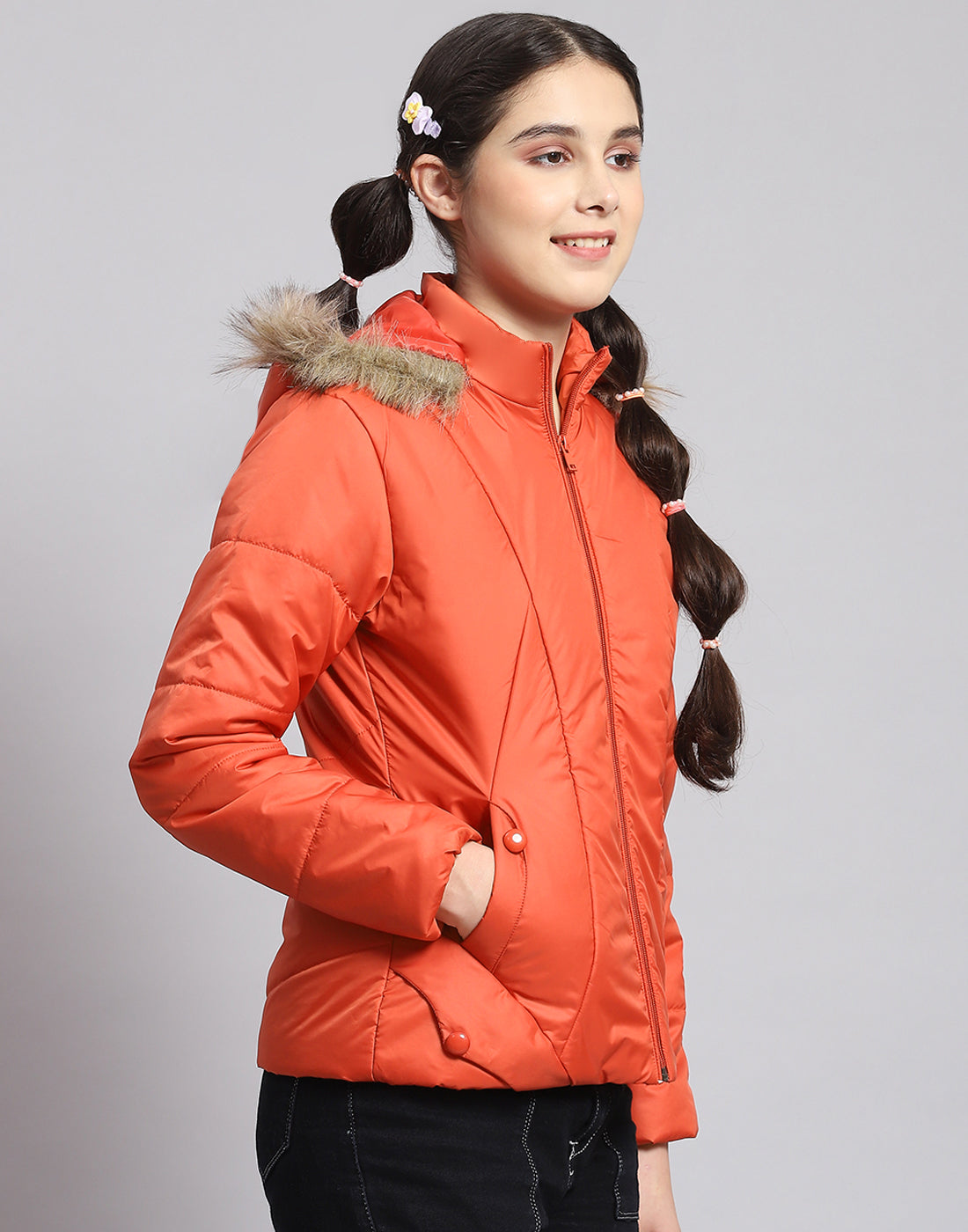 Girls Rust Solid Hooded Full Sleeve Girls Jacket